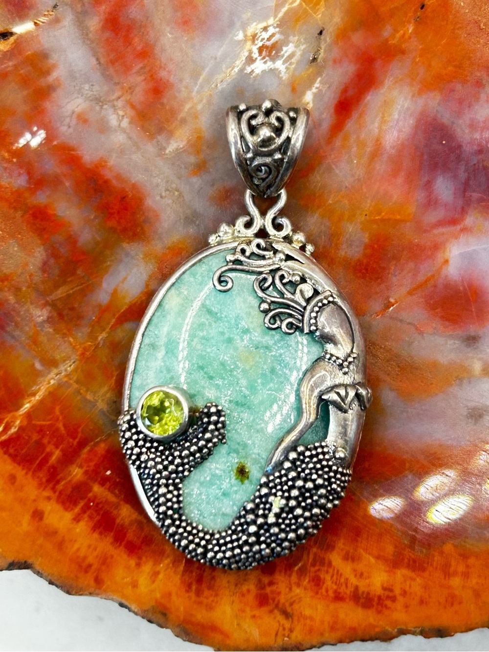 Sterling Silver Amazonite Mermaid Pendant with Peridot Accent